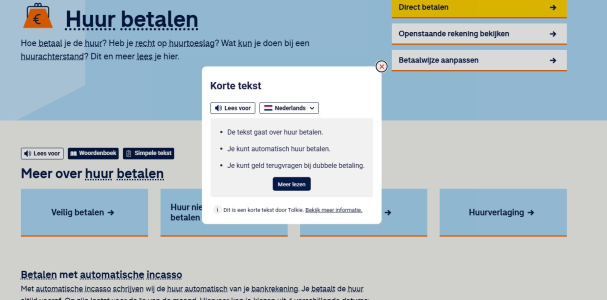 Een screenshot van Tolkie Leeshulp op de website van Staedion