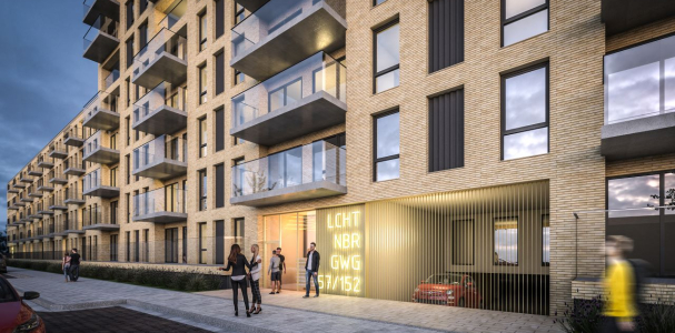 Artist impression van de ingang van een van de woongebouwen van De Schaloen