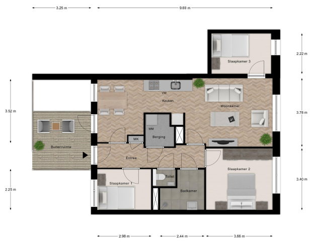 Betje Wolffstraat woningplattegrond met het voorbeeld van een inrichting