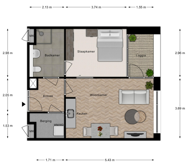 Wenckebach aangeklede plattegrond 2-kamerwoning met loggia