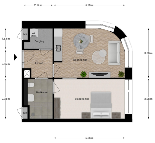 Woningplattegrond met het voorbeeld van een inrichting van een 2-kamerwoning zonder loggia