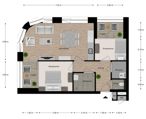 Woningplattegrond met het voorbeeld van een inrichting van een 2-kamerwoning met loggia