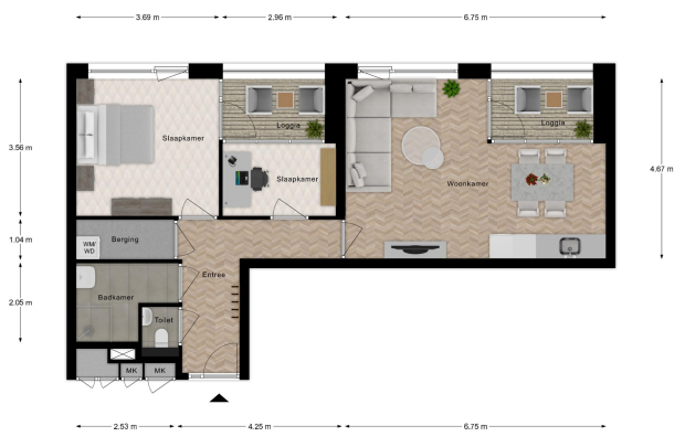 Woningplattegrond met het voorbeeld van een inrichting van een 3-kamerwoning met loggia