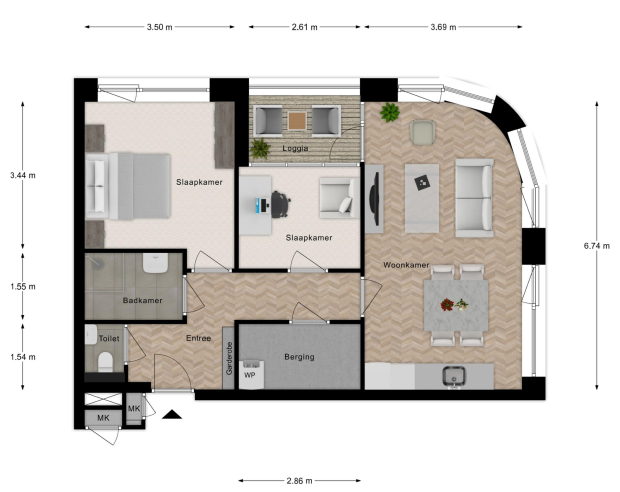 Woningplattegrond met het voorbeeld van een inrichting van een ronde 3-kamerwoning met loggia