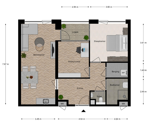 Woningplattegrond met het voorbeeld van een inrichting van een 3-kamerwoning met loggia