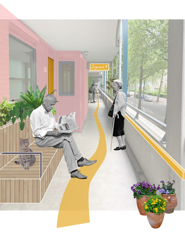Artist impression van het winnend team in de Woonzorgchallenge. Een heer op een bankje op de galerij en een vrouw staat in de galerij met een gele streep over de vloer
