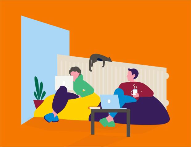 Twee studenten zitten op zitzakken voor een verwarming met daarop de kat
