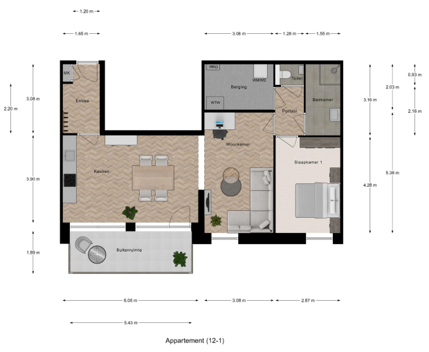 Woningplattegrond van een 3kamerwoning in de middenhuur in De Schaloen