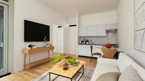 Sfeerbeeld inrichting keuken en woonkamer 2-kamerwoning Wenckebach