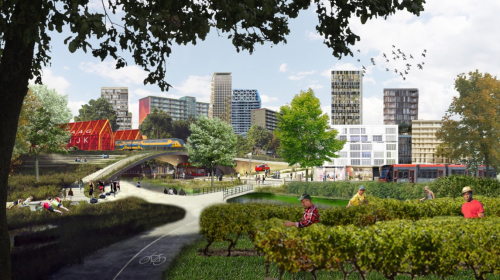 Twee impressies van Viersprong Moerwijk (uit het actieplan). Een groene tuin met hoogbouw op de achtergrond