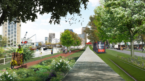 Twee impressies van Viersprong Moerwijk (uit het actieplan). Een looppad met veel groen en een tram die aankomt rijden