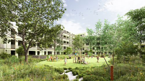 Impressie binnentuin gebouw Steenzicht 1a. Veel groen met hoogbouw daaromheen