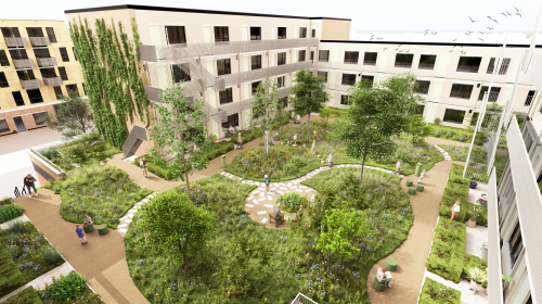 Impressie binnentuin gebouw Steenzicht 1b. Een binnentuin met veel groen met hoogbouw daaromheen 