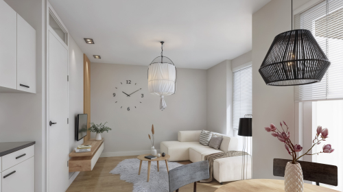 Impressie van de woonkamer: een ingerichte woning 