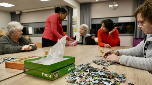 De dames zijn gezellig aan het puzzelen