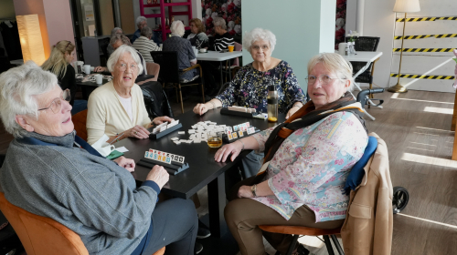 Vier dames spelen spelletjes bij Verzilveren 
