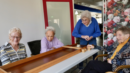 Vier dames aan het sjoelen bij Verzilveren