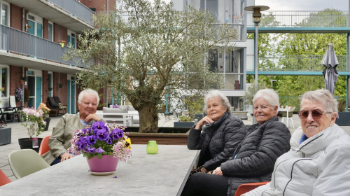 Vier mensen in de gezamenlijke tuin, rond de tafel.