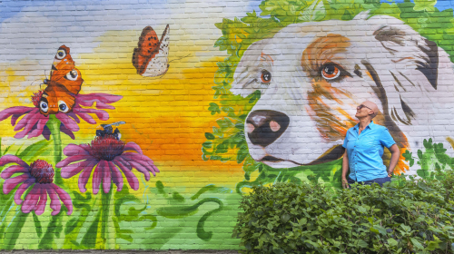 Een muurschildering van planten, vlinders en een hond