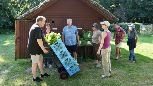 Vrijwilligers van het Boerendorp voor een tuinhuis met een man met kratten groenten