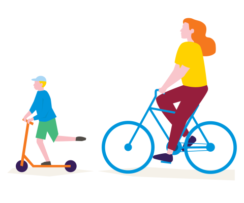 Tekening van dame op fiets en jongen op step