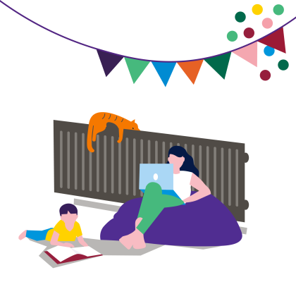 Een illustratie van een moeder op een zitzak en kind die een boek leest met slingers en confetti