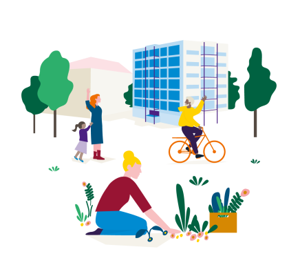Illustratie van een buurt met een woongebouw, buurtbewoners en iemand die tuiniert