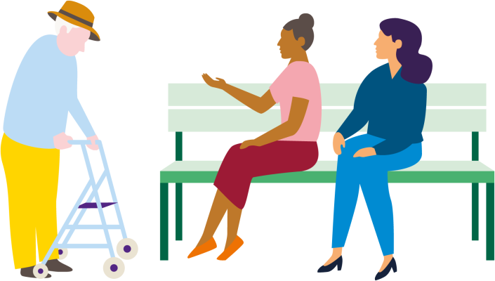 Illustratie oudere man met rollator en twee dames op een bankje in gesprek