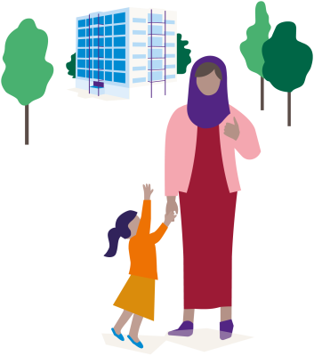 Illustratie moeder en dochter positief voor gebouw