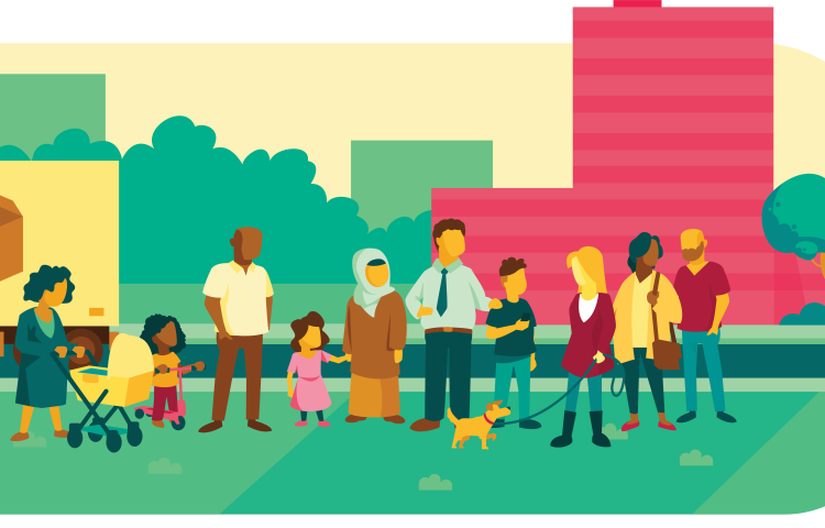Illustratie met groep mensen voor gebouwen