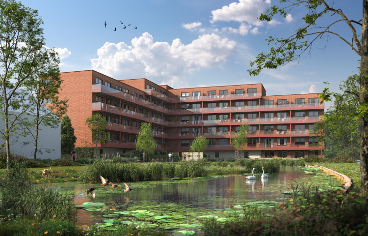Artist impression van de 47 sociale huurwoningen in De Kreken in Poeldijk