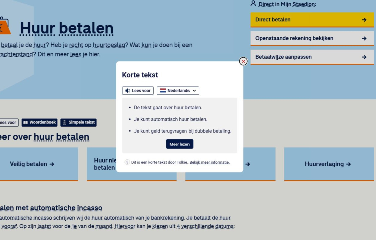 Een screenshot van Tolkie Leeshulp op de website van Staedion