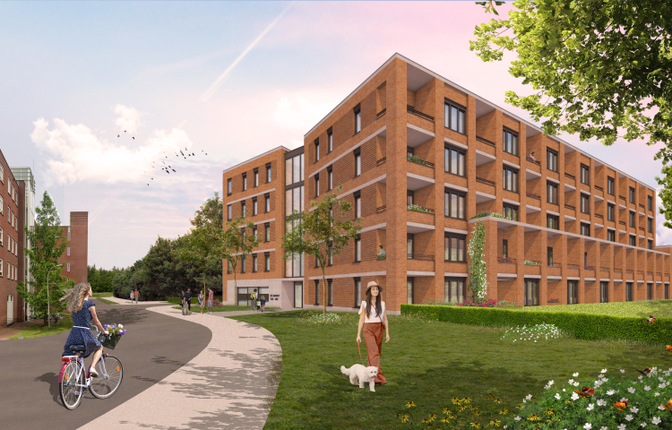 Artist impression van het woongebouw Hart van Nootdorp. Een wooncomplex met 5 woonlagen van bruine stenen
