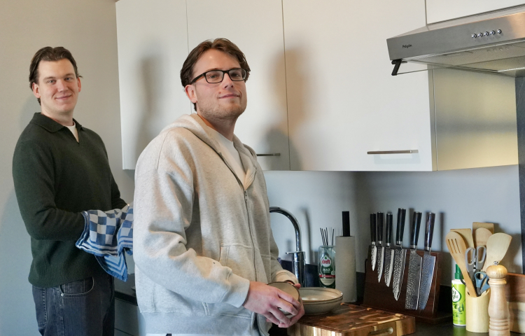 Twee vrienden aan het afwassen in de keuken.