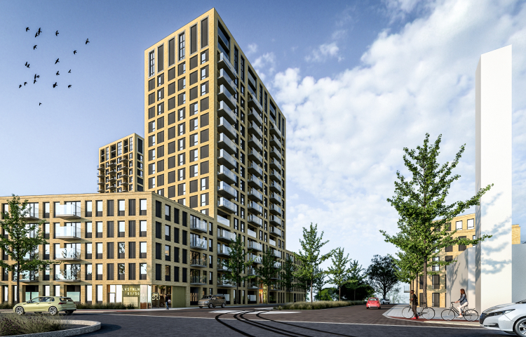 Artist impressie van de hoogbouw aan de Cannenburglaan in project De Schaloen