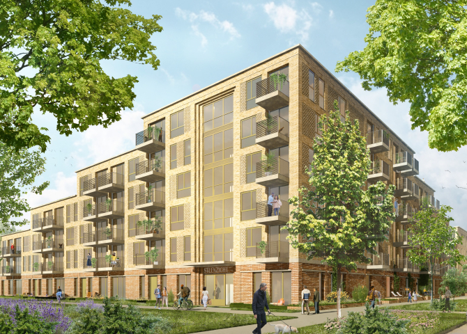Een tekening van een nieuw appartementencomplex met groen en bomen