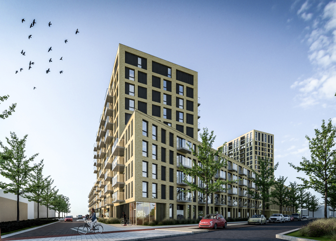 Een tekening van een nieuw appartementencomplex met bomen, blauwe hemel en vogels in de lucht