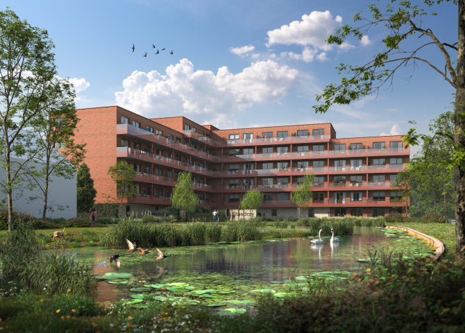 Artist impression van de 47 sociale huurwoningen in De Kreken in Poeldijk