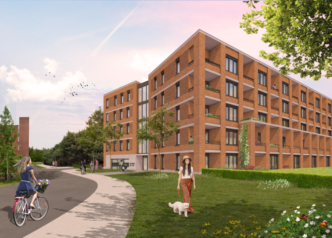 Artist impression van het woongebouw Hart van Nootdorp. Een wooncomplex met 5 woonlagen van bruine stenen 