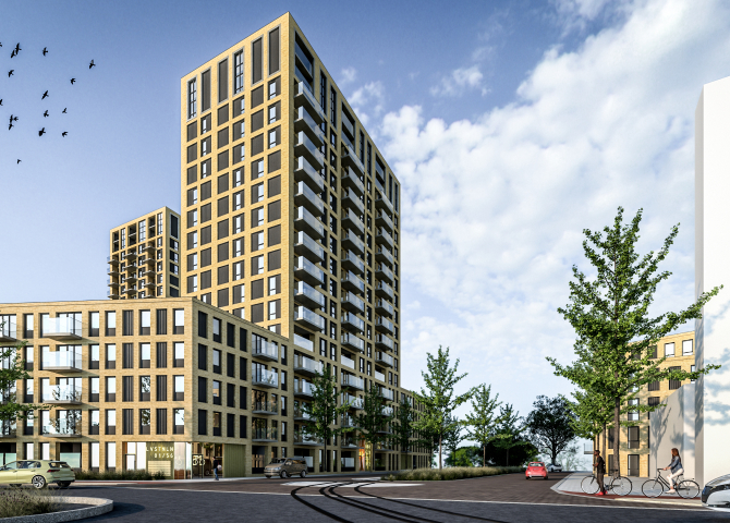 Artist impressie van de hoogbouw aan de Cannenburglaan in project De Schaloen