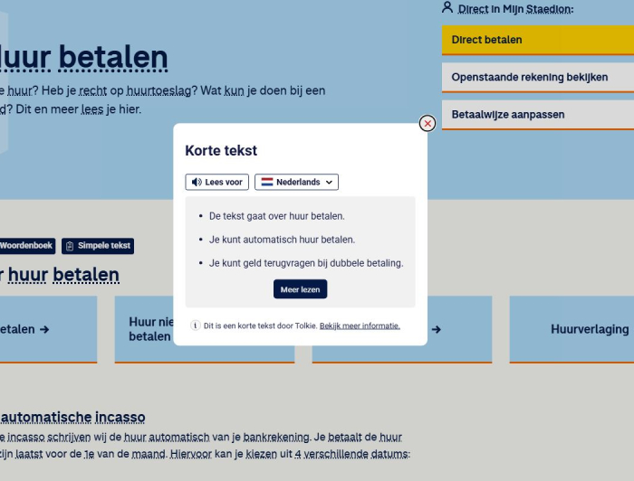 Een screenshot van Tolkie Leeshulp op de website van Staedion