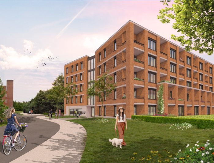 Artist impression van het woongebouw Hart van Nootdorp. Een wooncomplex met 5 woonlagen van bruine stenen 