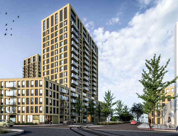 Artist impressie van de hoogbouw aan de Cannenburglaan in project De Schaloen